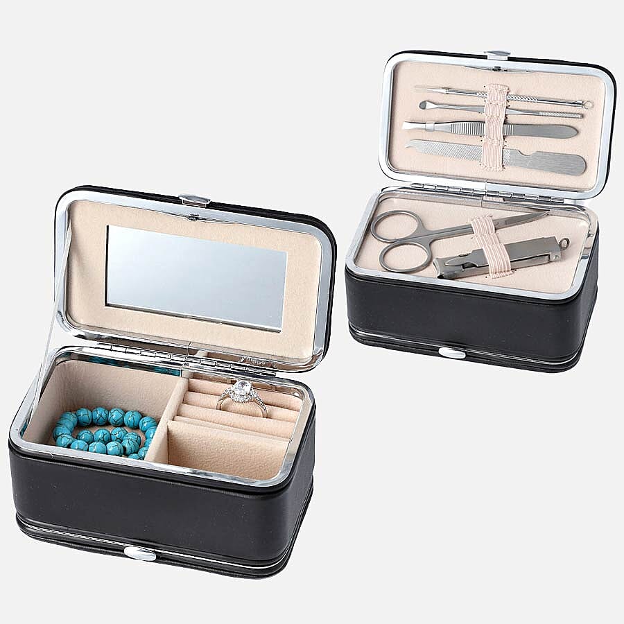 2 in 1 - Six Piece Manicure Set and Travel Jewellery Organiser with Inside Mirror (Size 11.7x7.5x6.5cm) - Black