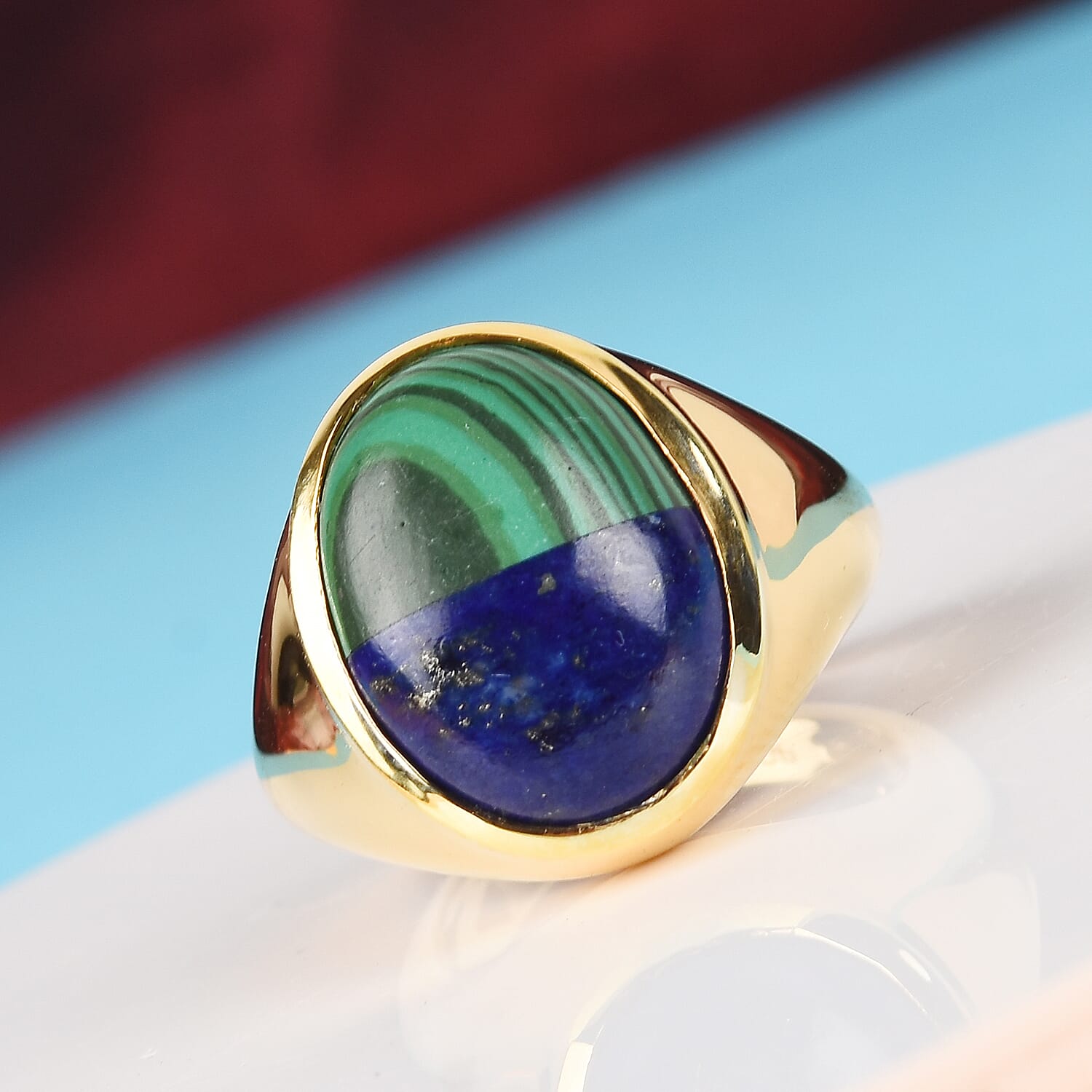 GP - Malachite & Lapis, Blue Sapphire Ring in 14K Gold Overlay Sterling Silver 8.25 Ct, Silver wt. 6.00 Gms