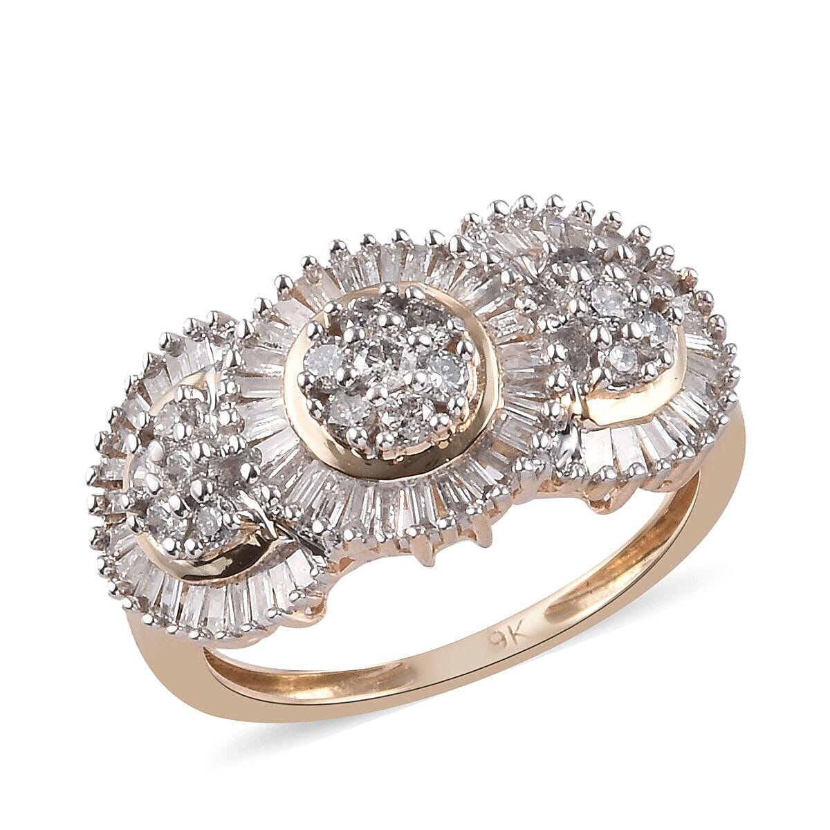 9K Yellow Gold SGL Certified Diamond (I3/ G-H) Cluster Ring 1.00 Ct.