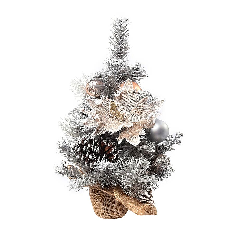 Table Christmas Tree with Snow Flocking, Baubles, Pine Cone (Size 40cm) - Silver and Golden