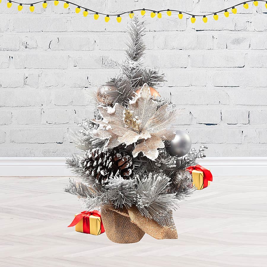 Table Christmas Tree with Snow Flocking, Baubles, Pine Cone (Size 40cm) - Silver and Golden