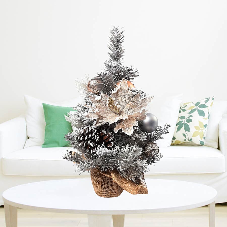 Table Christmas Tree with Snow Flocking, Baubles, Pine Cone (Size 40cm) - Silver and Golden