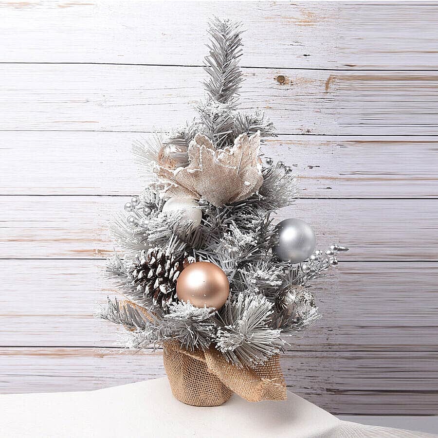 Table Christmas Tree with Snow Flocking, Baubles, Pine Cone (Size 40cm) - Silver and Golden