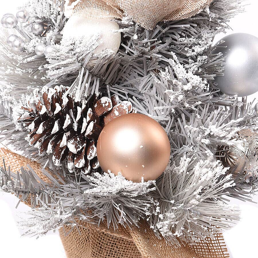 Table Christmas Tree with Snow Flocking, Baubles, Pine Cone (Size 40cm) - Silver and Golden