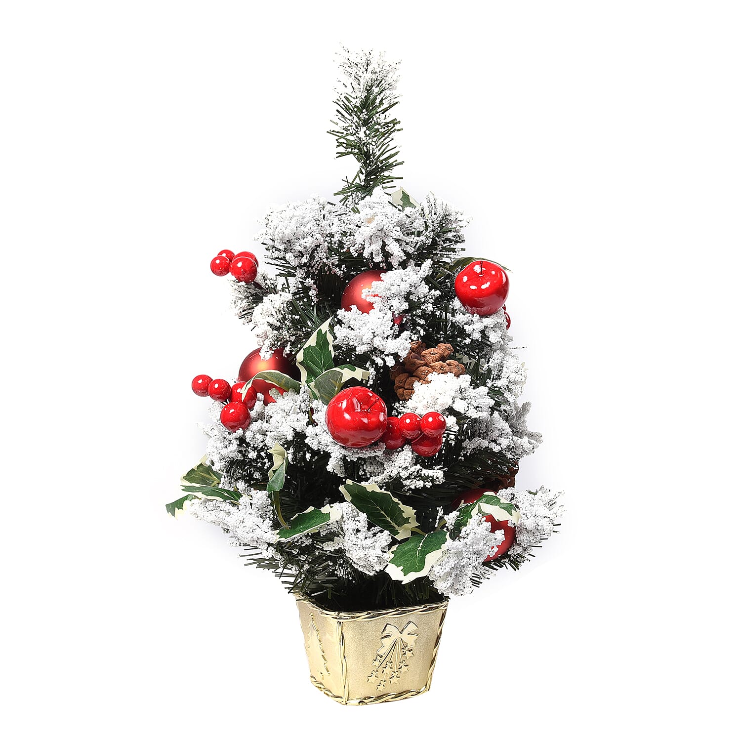 Table Christmas Tree with Snow Flocking, Baubles, Apple and Pine Cone (Size 40cm) - Red