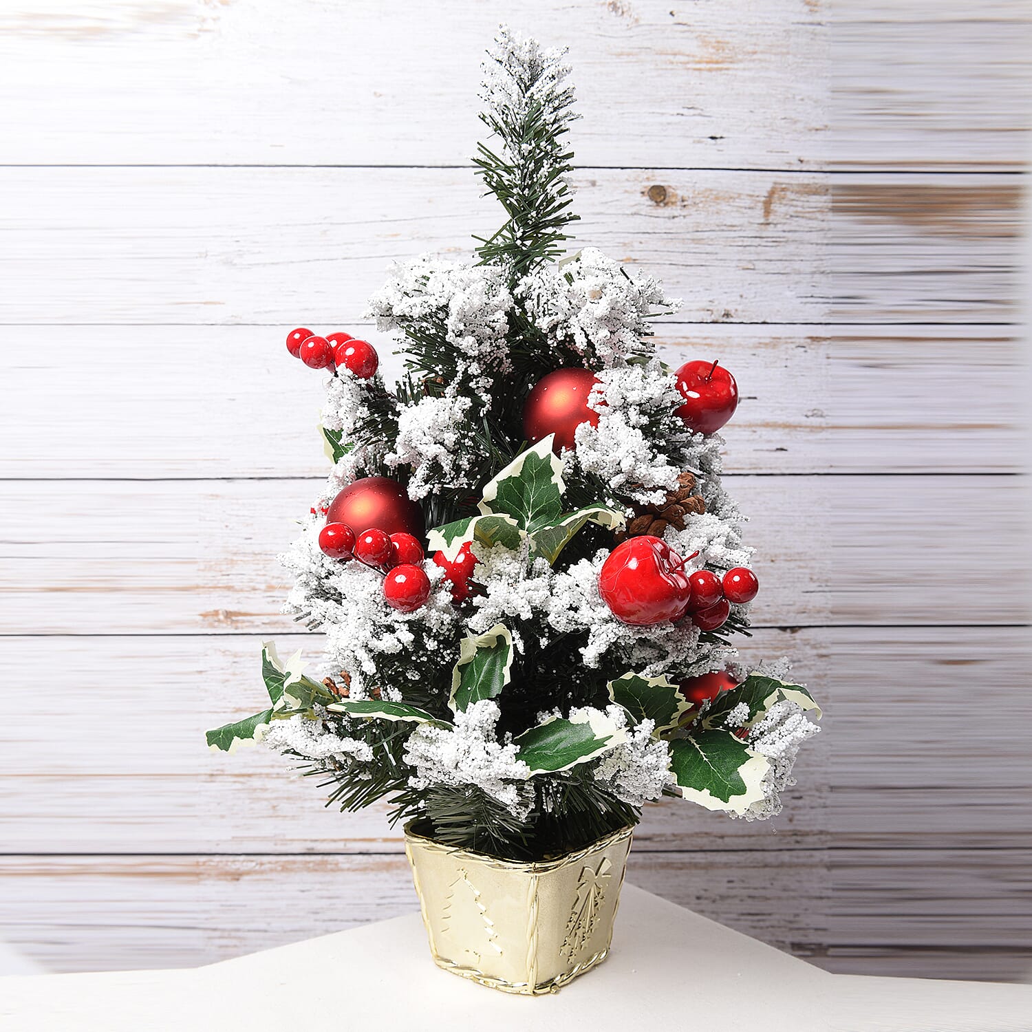 Table Christmas Tree with Snow Flocking, Baubles, Apple and Pine Cone (Size 40cm) - Red