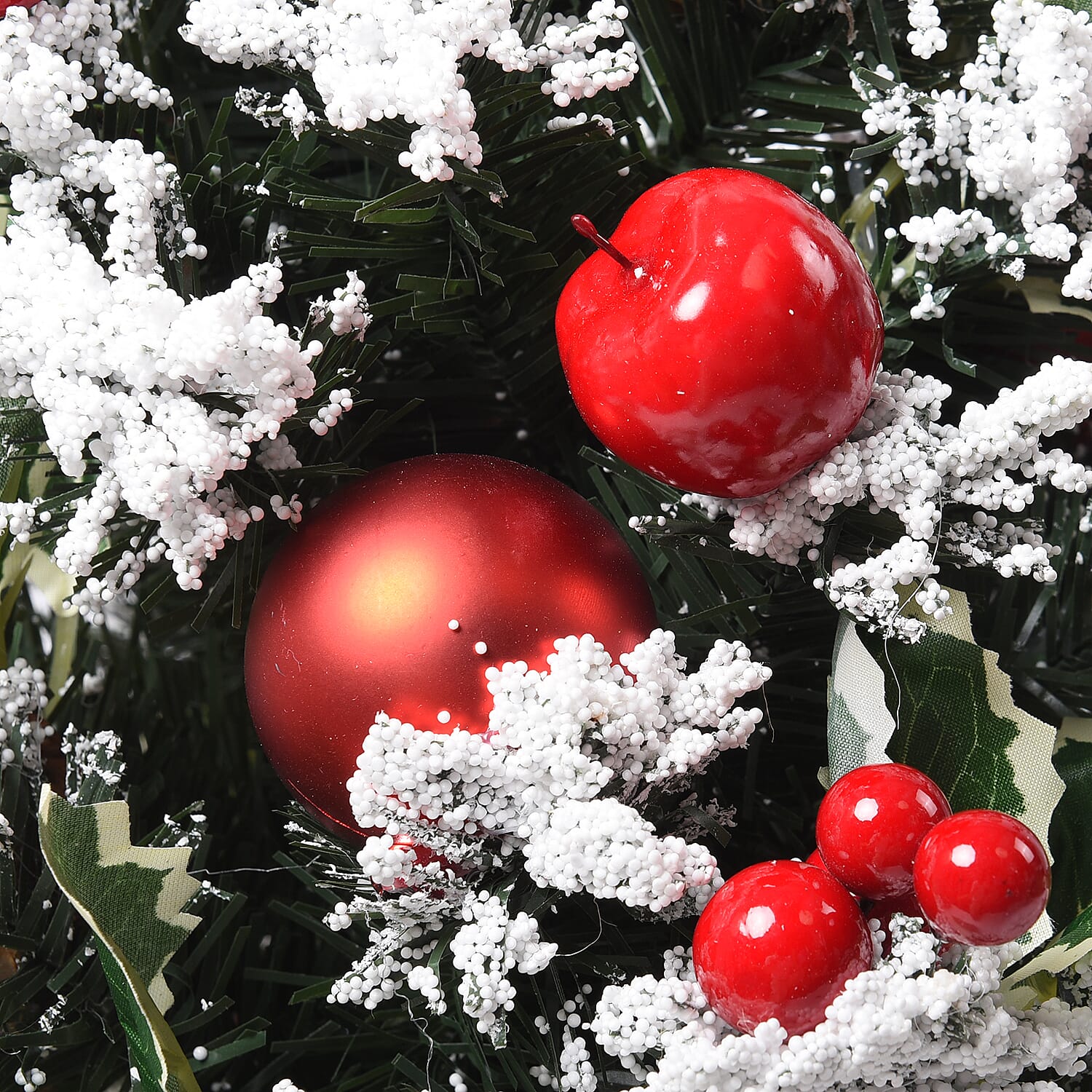 Table Christmas Tree with Snow Flocking, Baubles, Apple and Pine Cone (Size 40cm) - Red