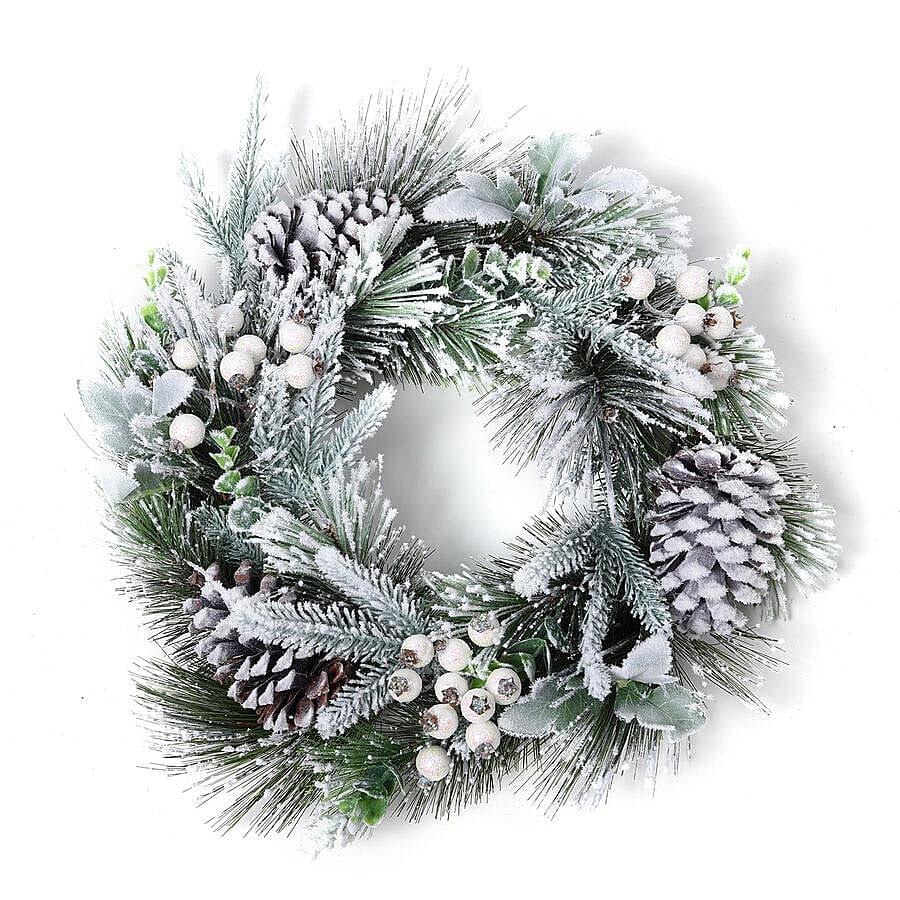Christmas Decoration Wreath with Snow Flocking, Pine Cone and Hawthorn Fruits (Size: 26cm) - White