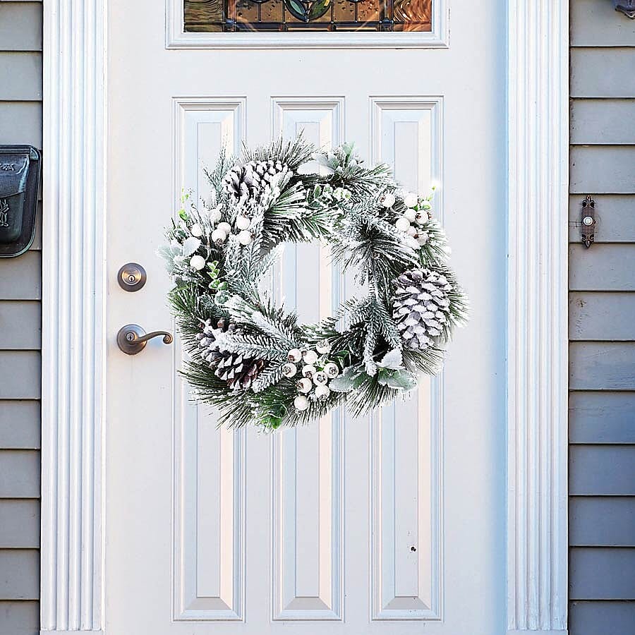 Christmas Decoration Wreath with Snow Flocking, Pine Cone and Hawthorn Fruits (Size: 26cm) - White