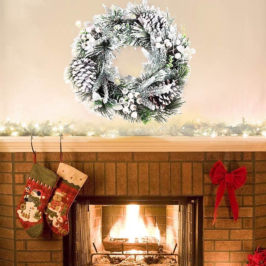 Christmas Decoration Wreath with Snow Flocking, Pine Cone and Hawthorn Fruits (Size: 26cm) - White