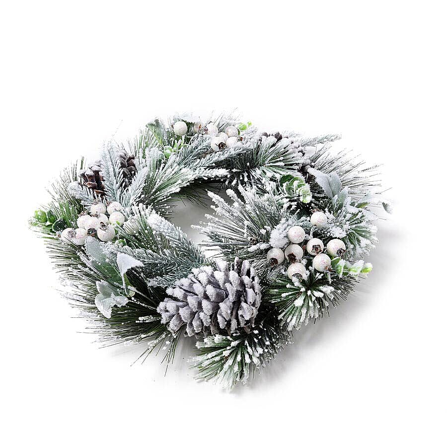 Christmas Decoration Wreath with Snow Flocking, Pine Cone and Hawthorn Fruits (Size: 26cm) - White