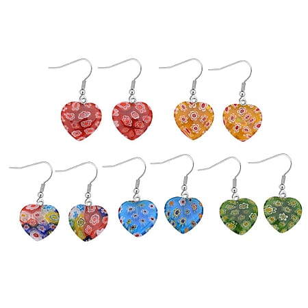 Set of 5 Murano Style Glass Heart Earrings in Stainless Steel