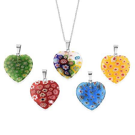 Blue Colour Murano Style Glass, Multi Gemstone Stainless Steel Pendant, With Chain (20 in) TGW 0.005 ctw