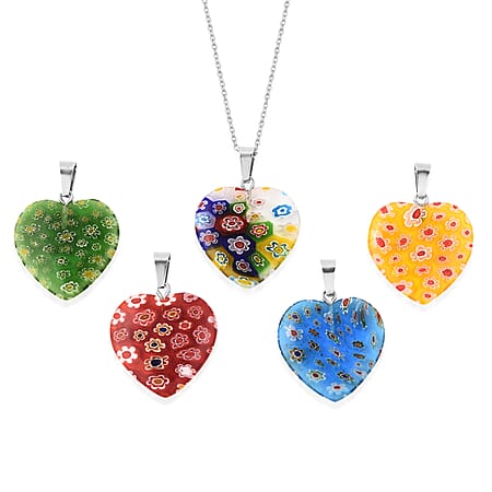Blue Colour Murano Style Glass, Multi Gemstone Stainless Steel Pendant, With Chain (20 in) TGW 0.005 ctw Blue Colour Murano Style Glass, Multi Gemstone Stainless Steel Pendant, With Chain (20 in) TGW 0.005 ctw