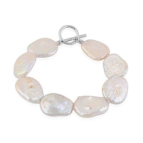 White Baroque Pearl Bracelet (Size 7.5) in Rhodium Overlay Sterling Silver