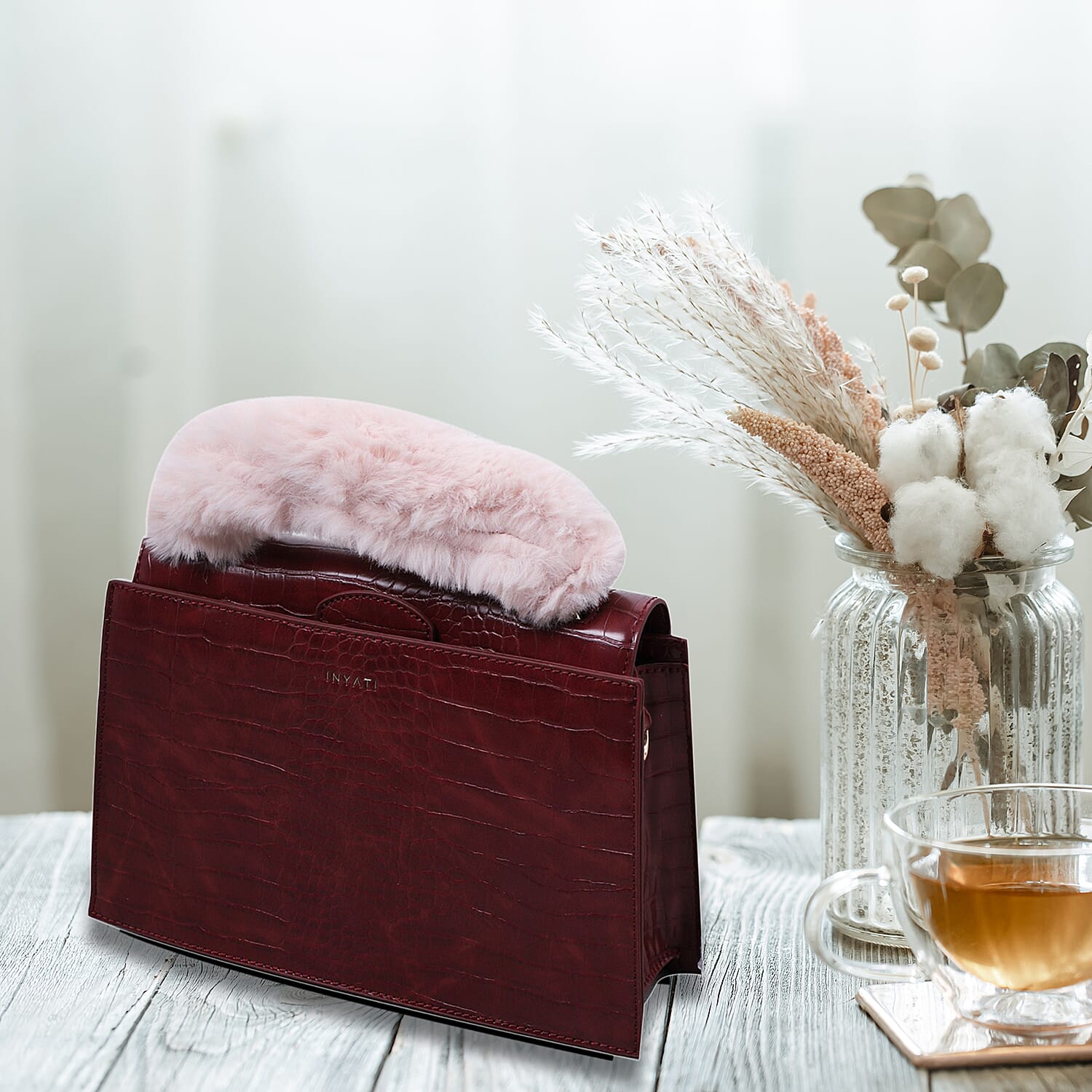 Inyati Olivia Croco Handbag with Removable Faux Fur Handle - Burgundy