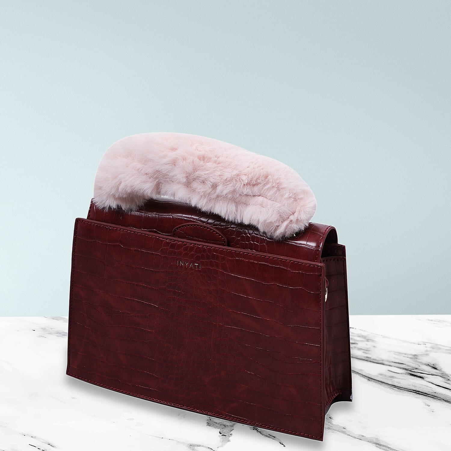 Inyati Olivia Croco Handbag with Removable Faux Fur Handle - Burgundy