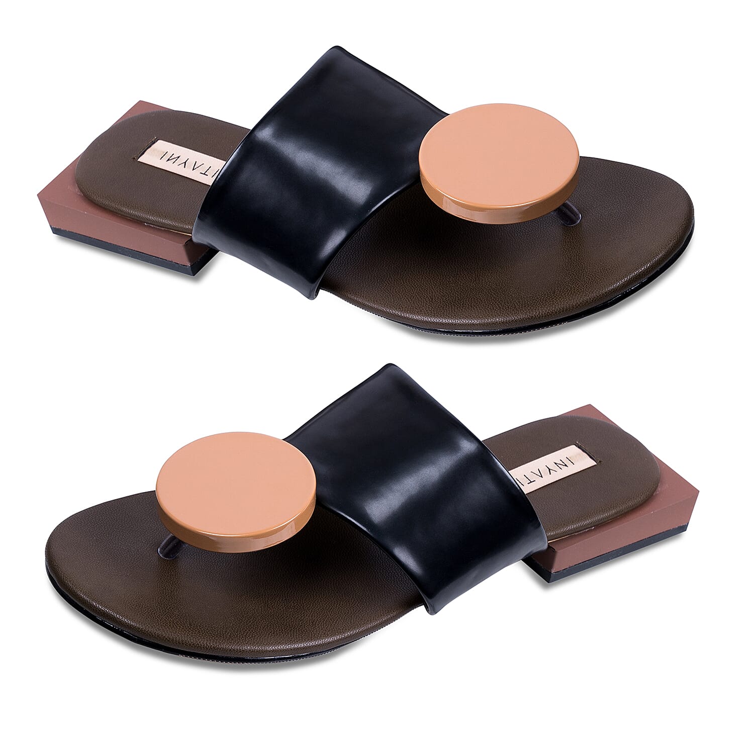 Inyati Giana Open Toe Slip On Sandals (Size 4) - Black and Tan