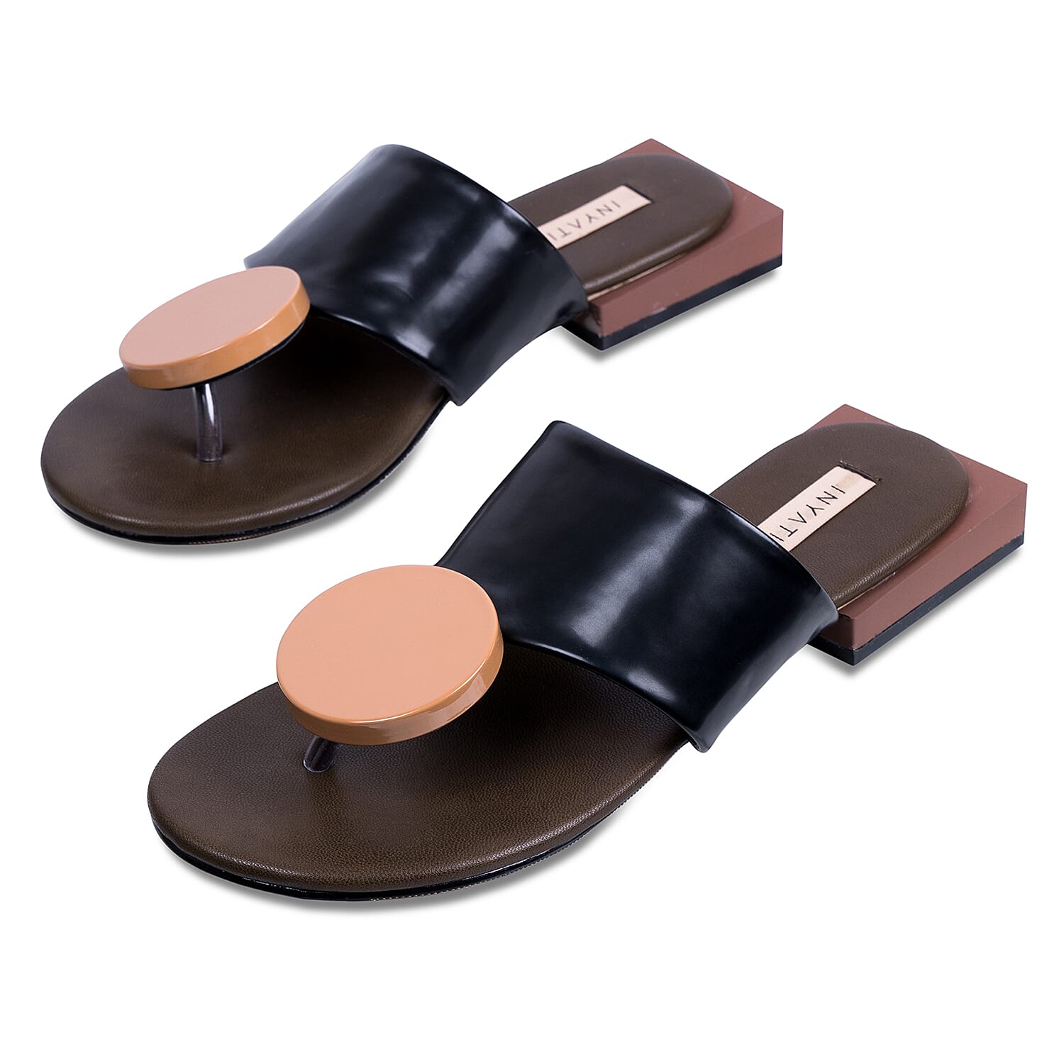 Inyati Giana Open Toe Slip On Sandals (Size 4) - Black and Tan