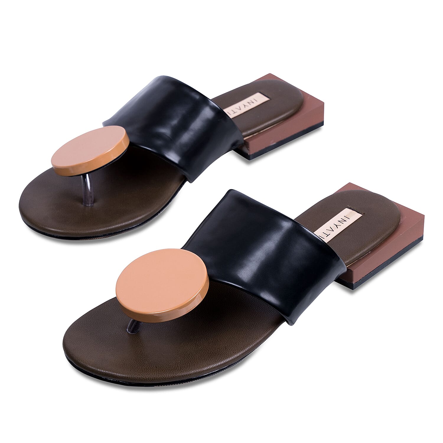 Inyati Giana Open Toe Slip On Sandals (Size 4) - Black and Tan