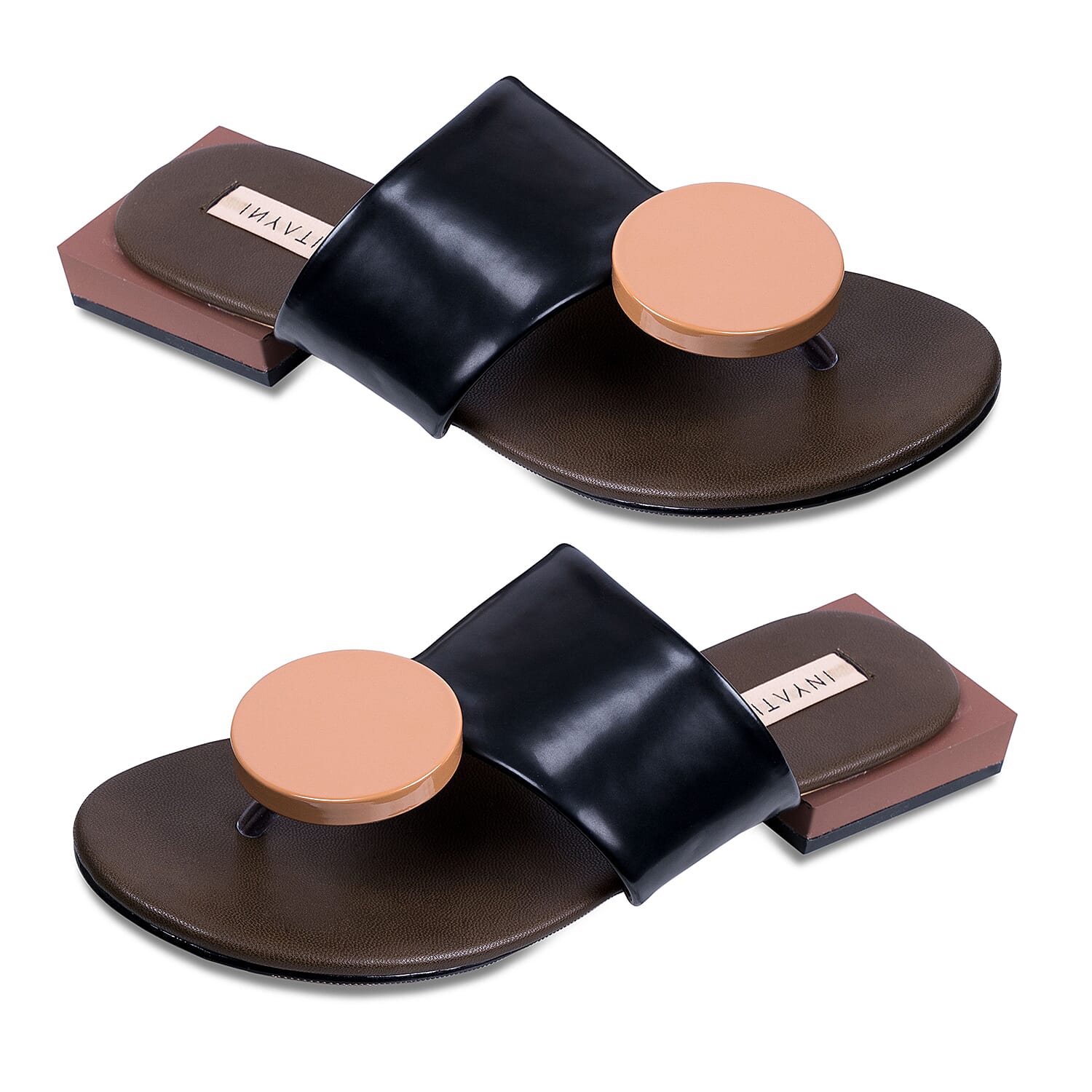 Inyati Giana Open Toe Slip On Sandals (Size 4) - Black and Tan