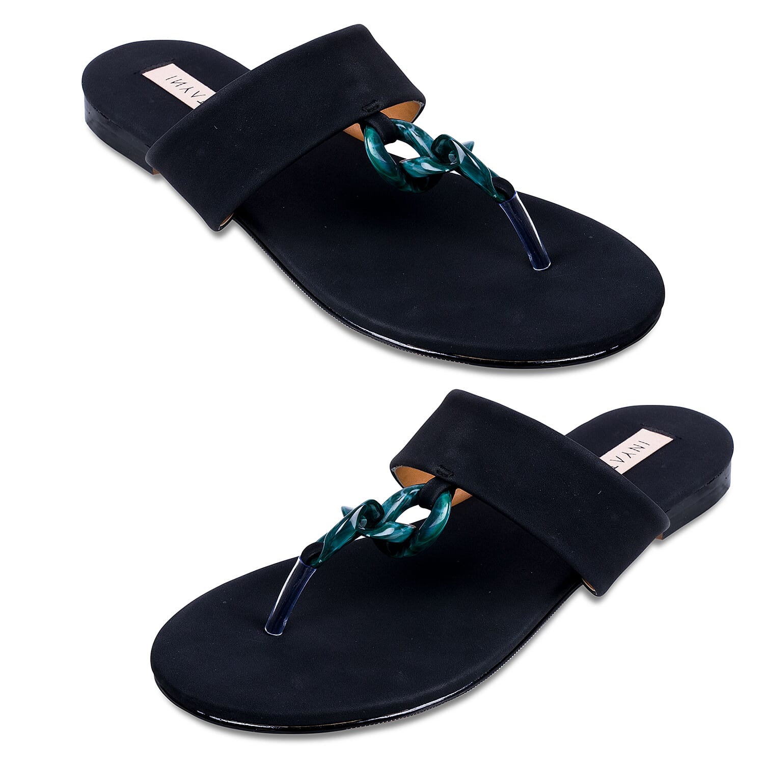 Inyati Leandra Open Toe Slip On Sandals in Black Colour