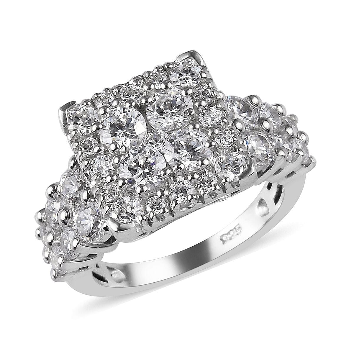 Lustro Stella Platinum Overlay Sterling Silver Ring Made with Finest CZ 3.83 Ct.