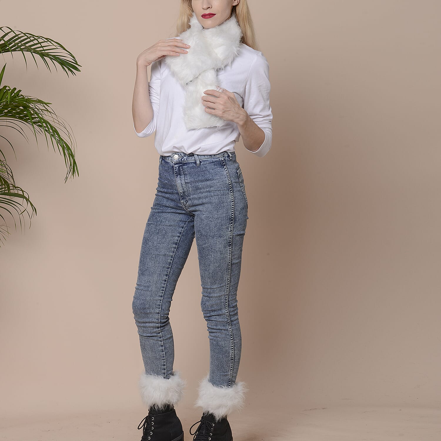 2 Piece Set - Faux Fur Collar Scarf (Size 96x14.5cm) and Boot Cuffs (Size 16.5x14.5cm) - White