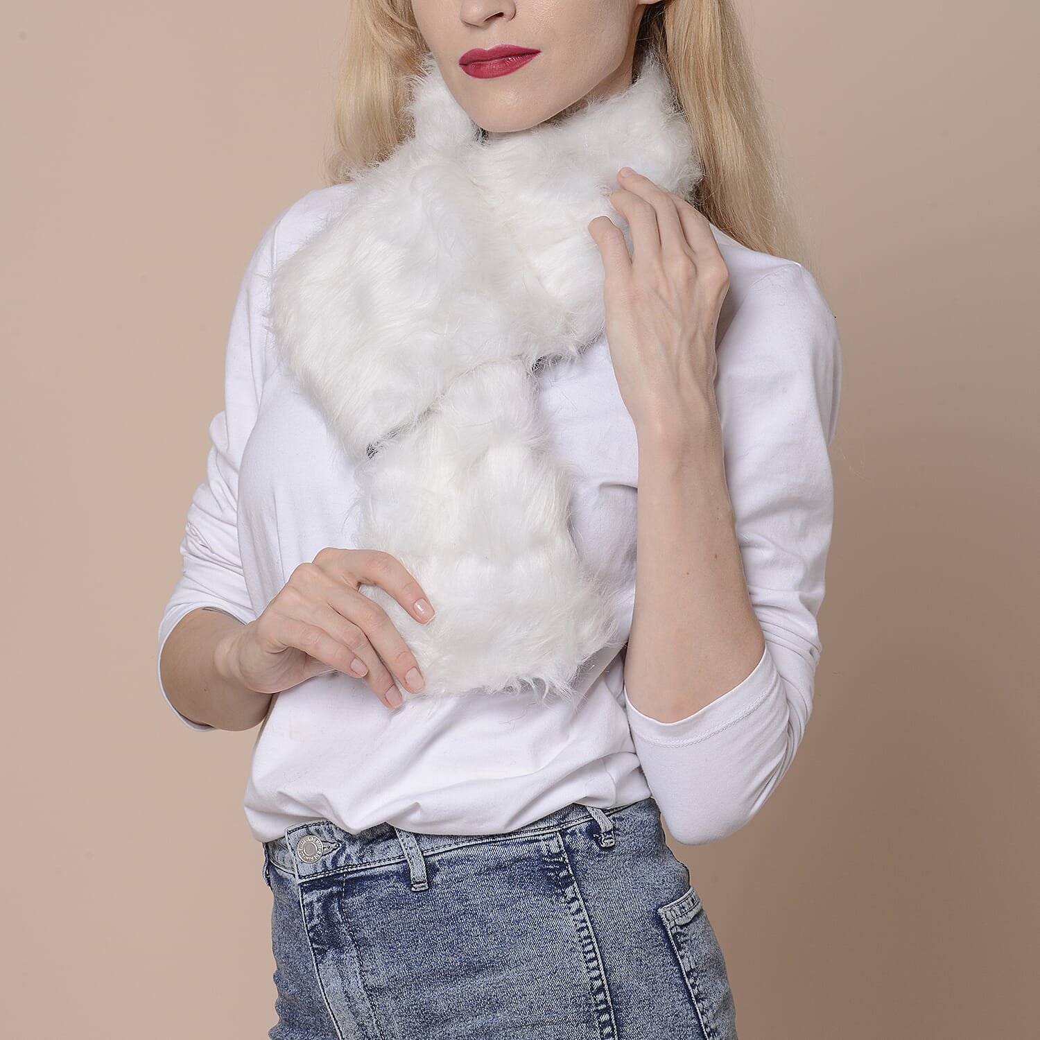 2 Piece Set - Faux Fur Collar Scarf (Size 96x14.5cm) and Boot Cuffs (Size 16.5x14.5cm) - White