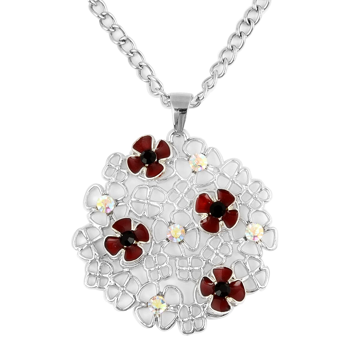 TJC  Design - Black Austrian Crystal and Simulated Mystic White Crystal Enamelled  Pendant With Chain (Size 26 with Extender) in Silver Tone