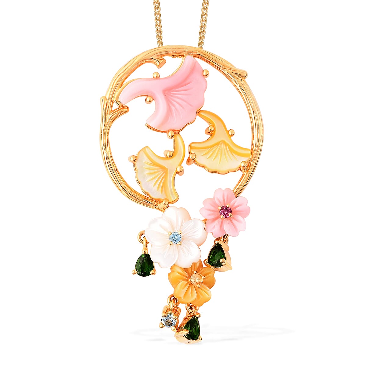 Jardin Collection - Pink Mother of Pearl, Yellow Mother of Pearl and Multi Gemstone Floral Pendant with Chain (Size 18) in Yellow Gold Overlay Sterling Silver, Silver wt 6.06 Gms