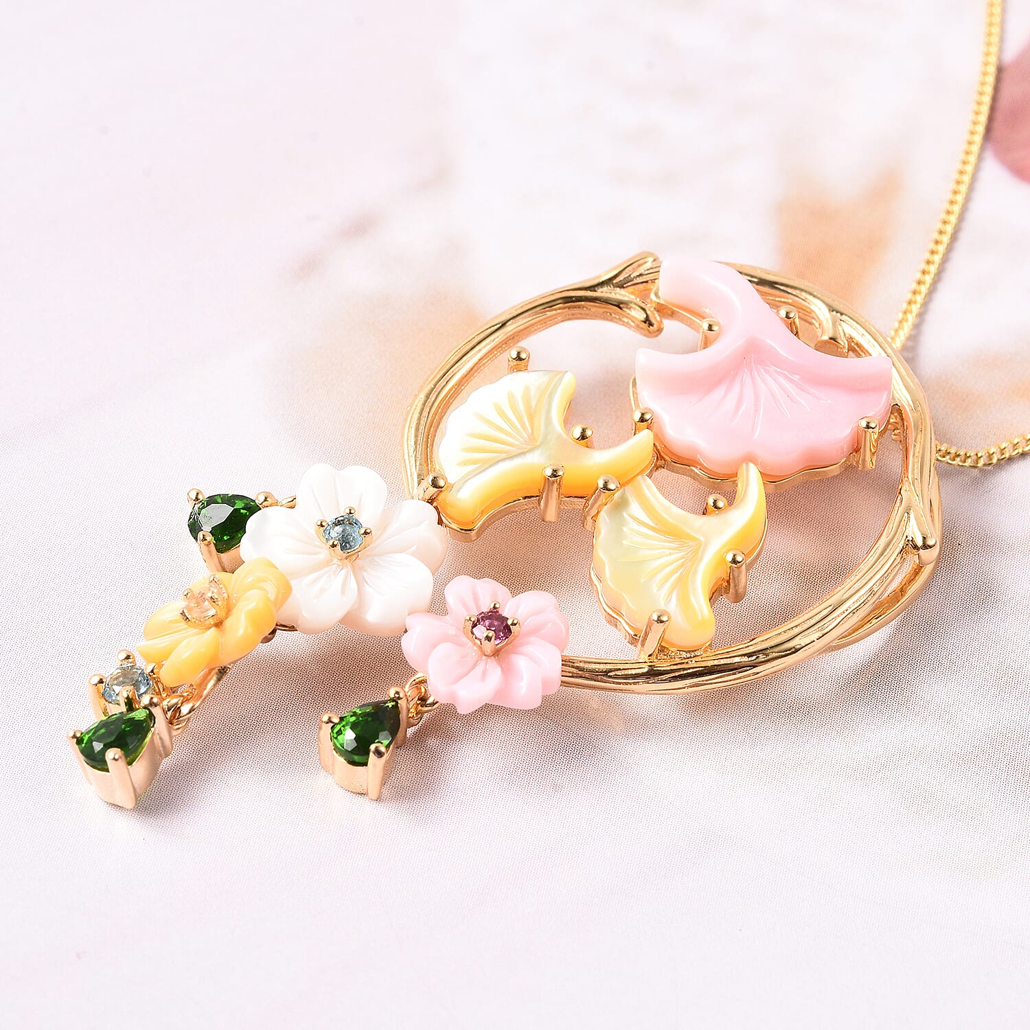 Jardin Collection - Pink Mother of Pearl, Yellow Mother of Pearl and Multi Gemstone Floral Pendant with Chain (Size 18) in Yellow Gold Overlay Sterling Silver, Silver wt 6.06 Gms