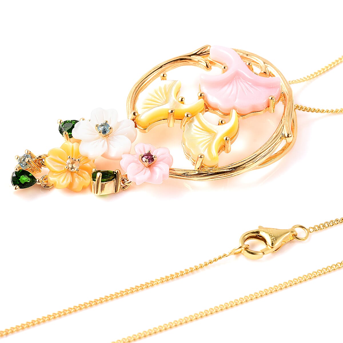 Jardin Collection - Pink Mother of Pearl, Yellow Mother of Pearl and Multi Gemstone Floral Pendant with Chain (Size 18) in Yellow Gold Overlay Sterling Silver, Silver wt 6.06 Gms