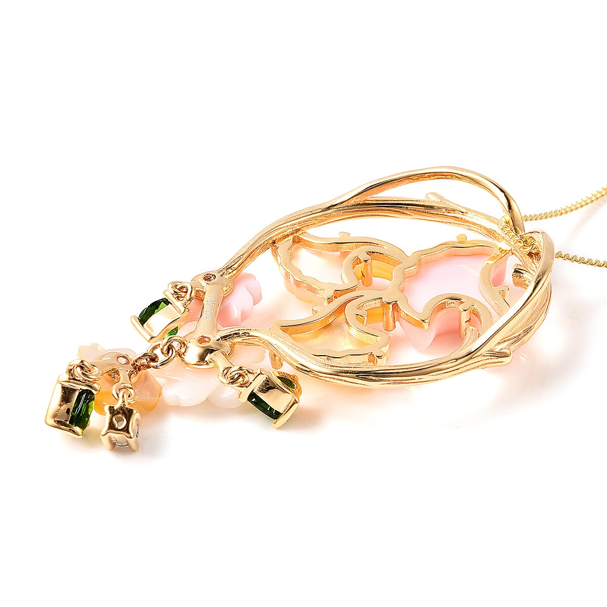 Jardin Collection - Pink Mother of Pearl, Yellow Mother of Pearl and Multi Gemstone Floral Pendant with Chain (Size 18) in Yellow Gold Overlay Sterling Silver, Silver wt 6.06 Gms