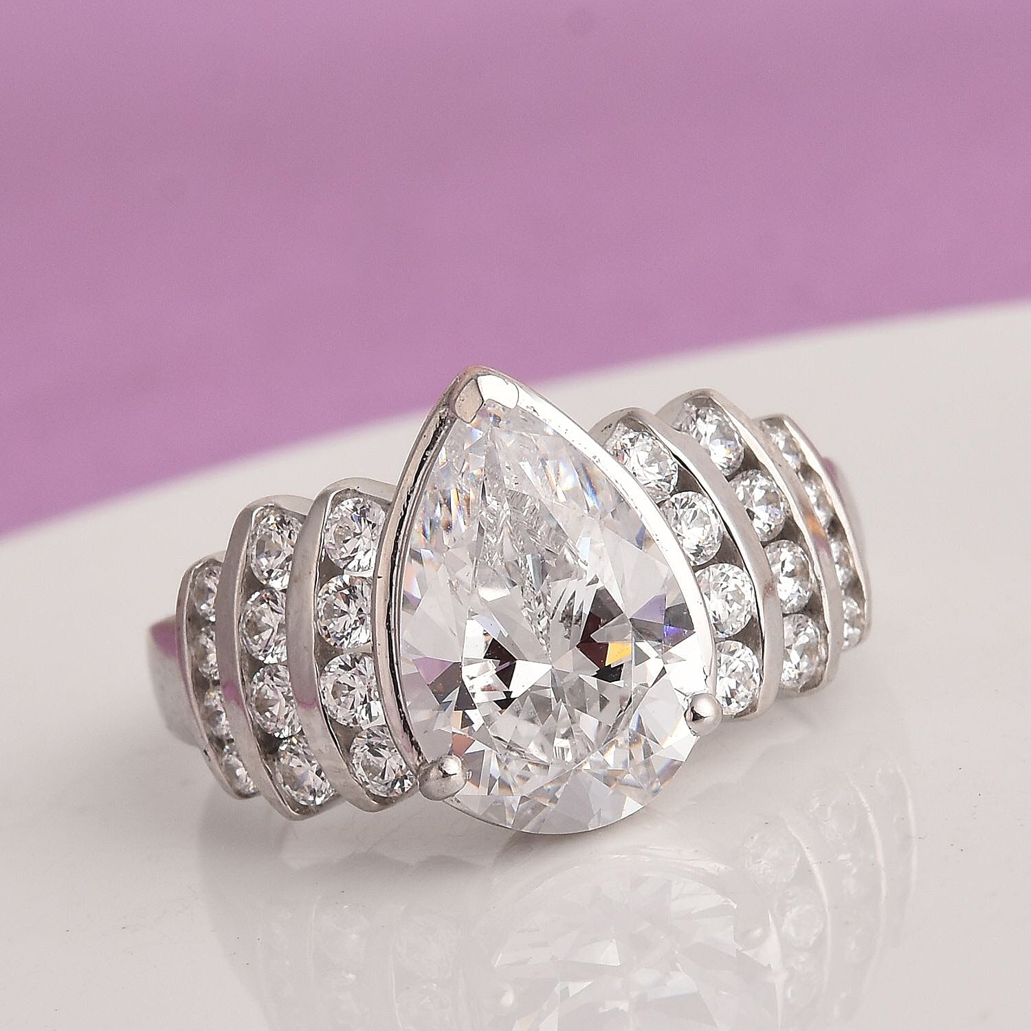 J Francis - Platinum Overlay Sterling Silver Ring Made with Finest CZ 6.55 Ct.