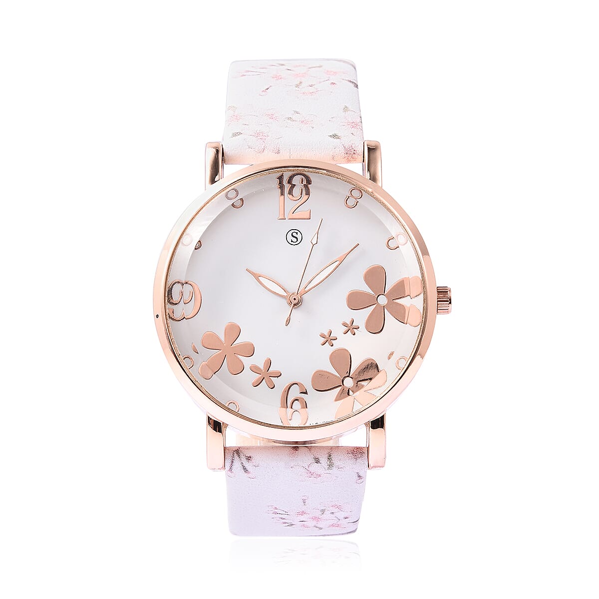 STRADA Japanese Movement Water Resistant Floral Motif Adorned Watch - White