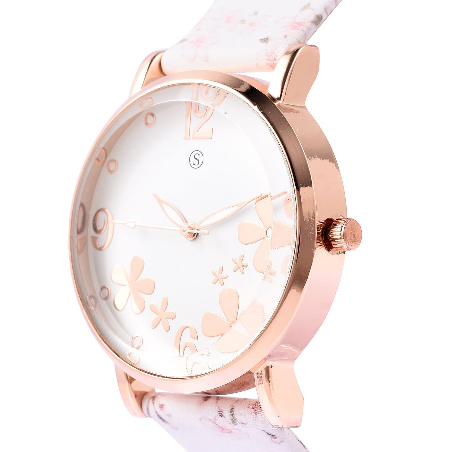 STRADA Japanese Movement Water Resistant Floral Motif Adorned Watch - White
