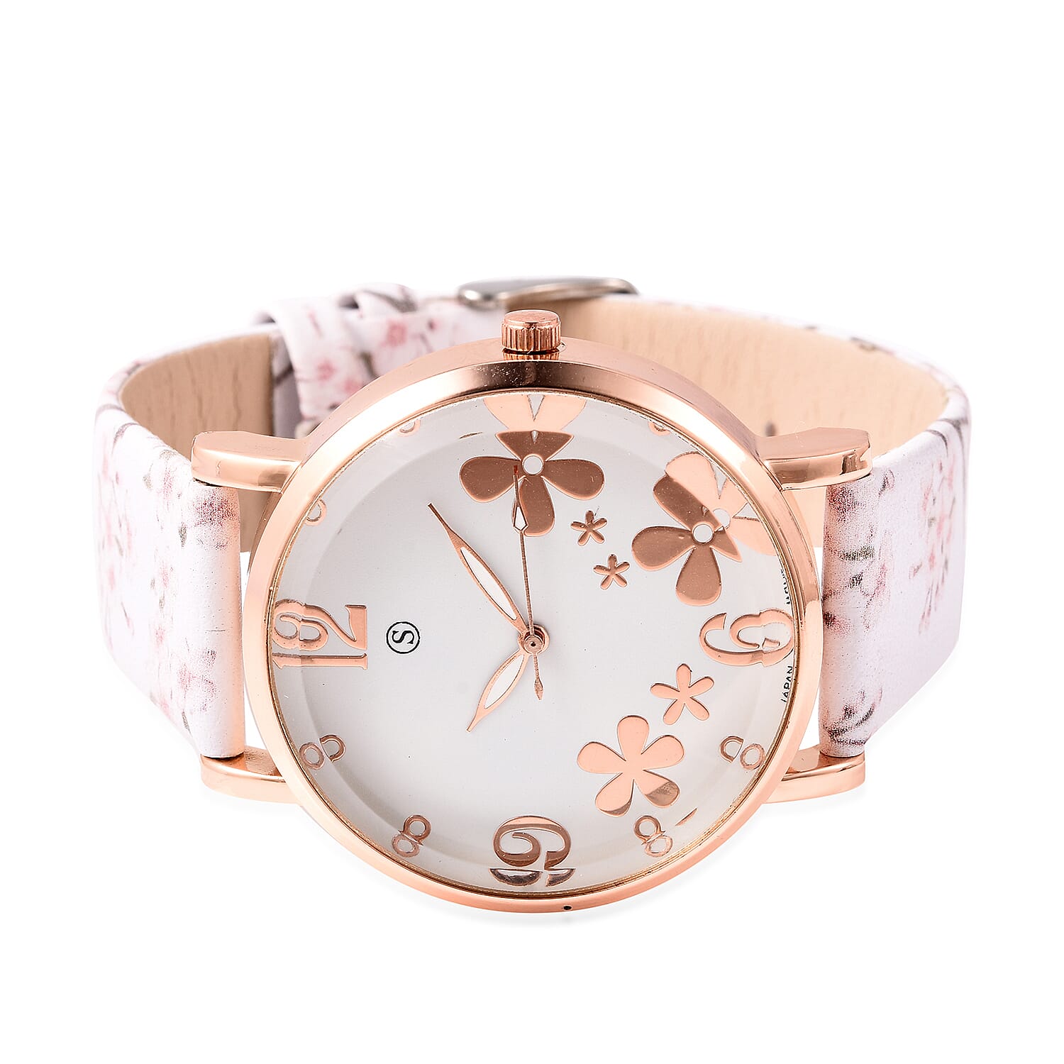 STRADA Japanese Movement Water Resistant Floral Motif Adorned Watch - White