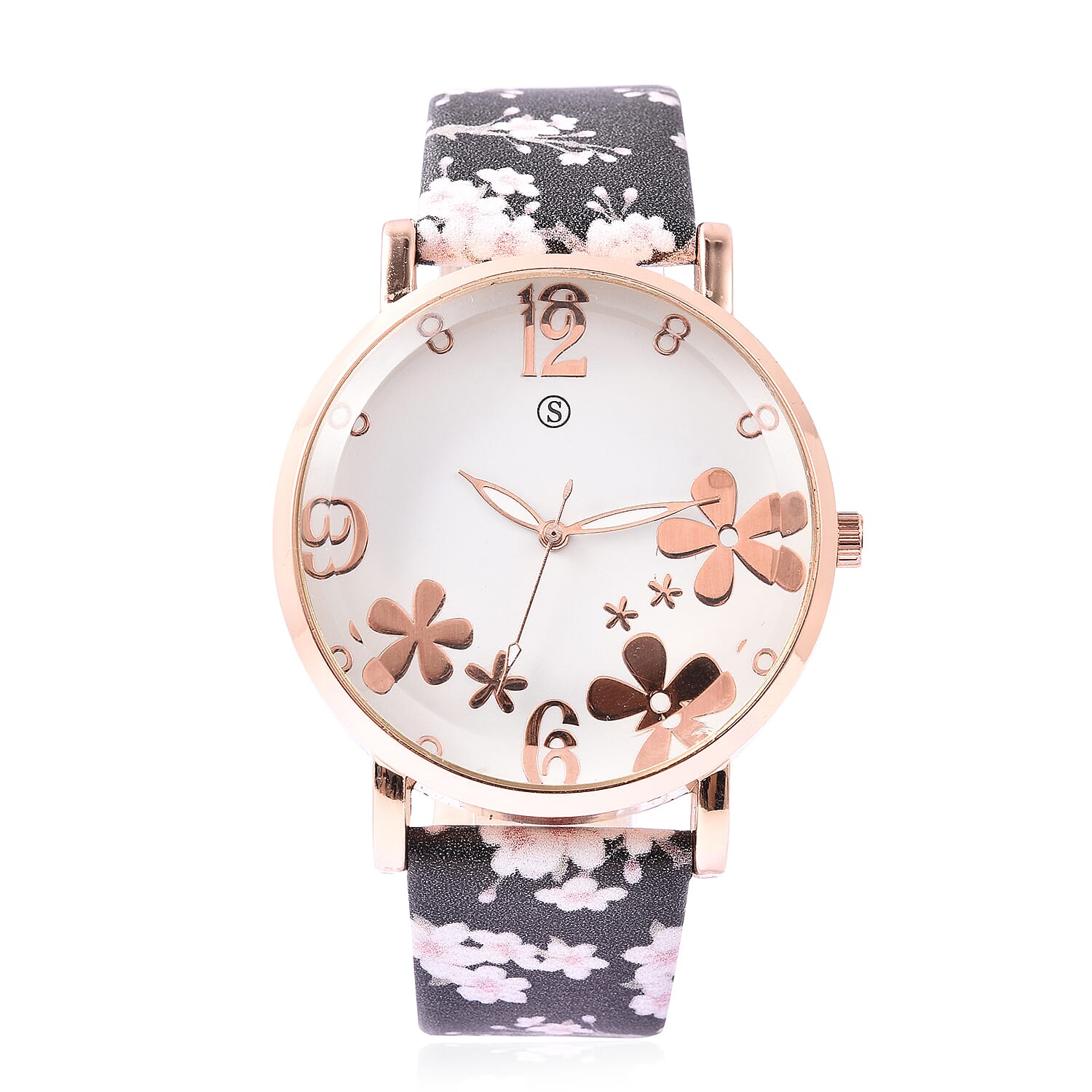 STRADA Japanese Movement Water Resistant Floral Motif Adorned Watch - Black