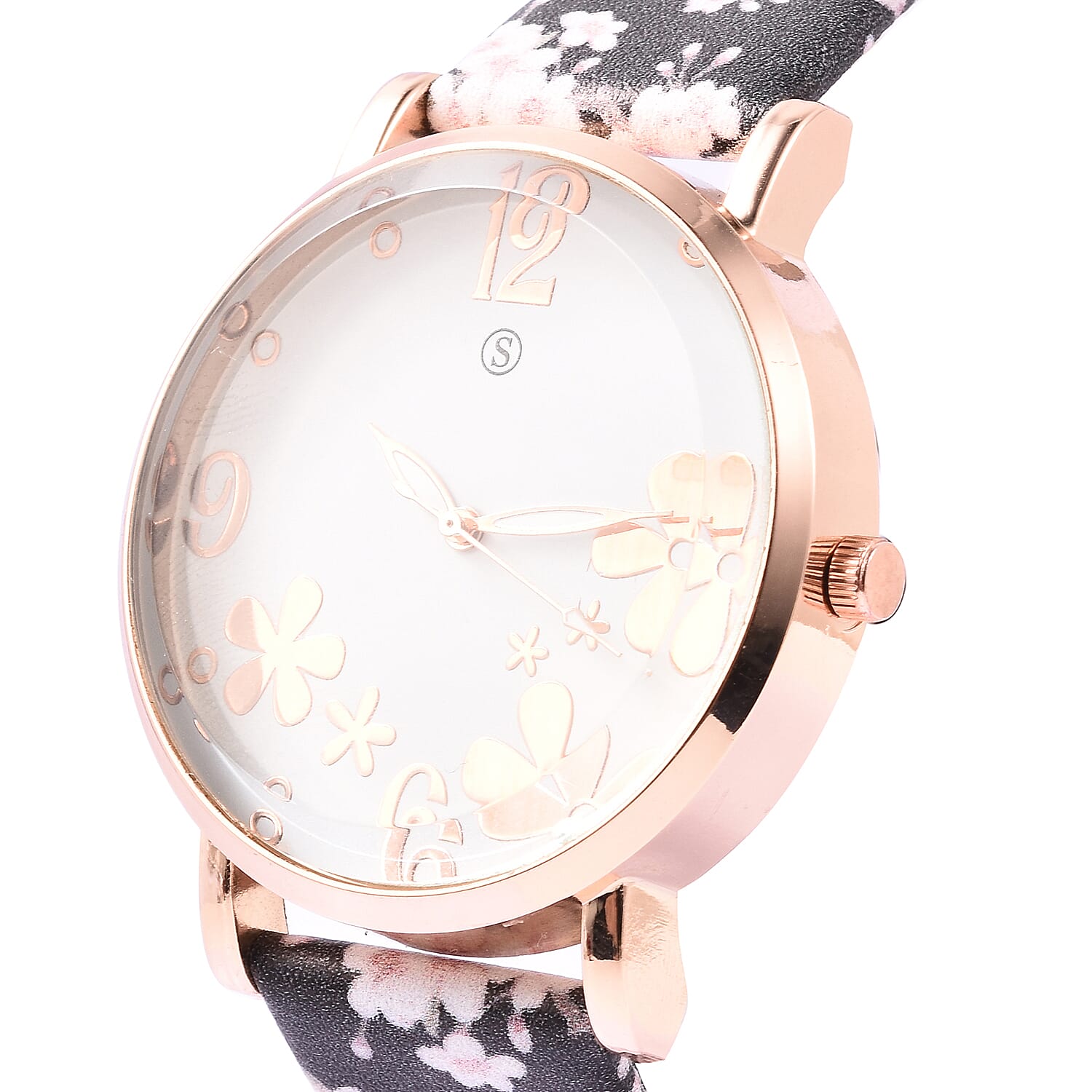 STRADA Japanese Movement Water Resistant Floral Motif Adorned Watch - Black