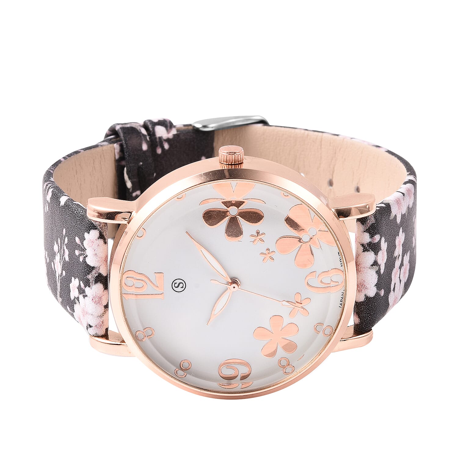 STRADA Japanese Movement Water Resistant Floral Motif Adorned Watch - Black