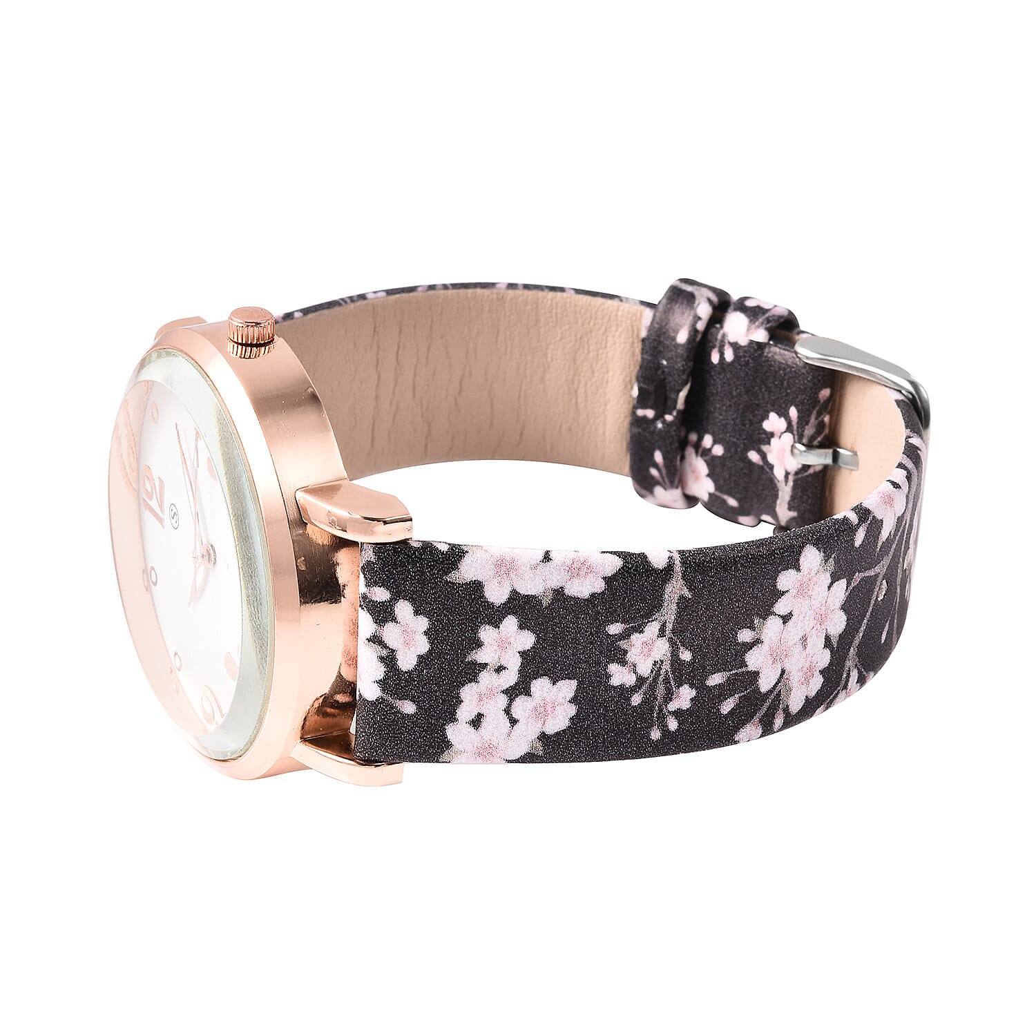 STRADA Japanese Movement Water Resistant Floral Motif Adorned Watch - Black