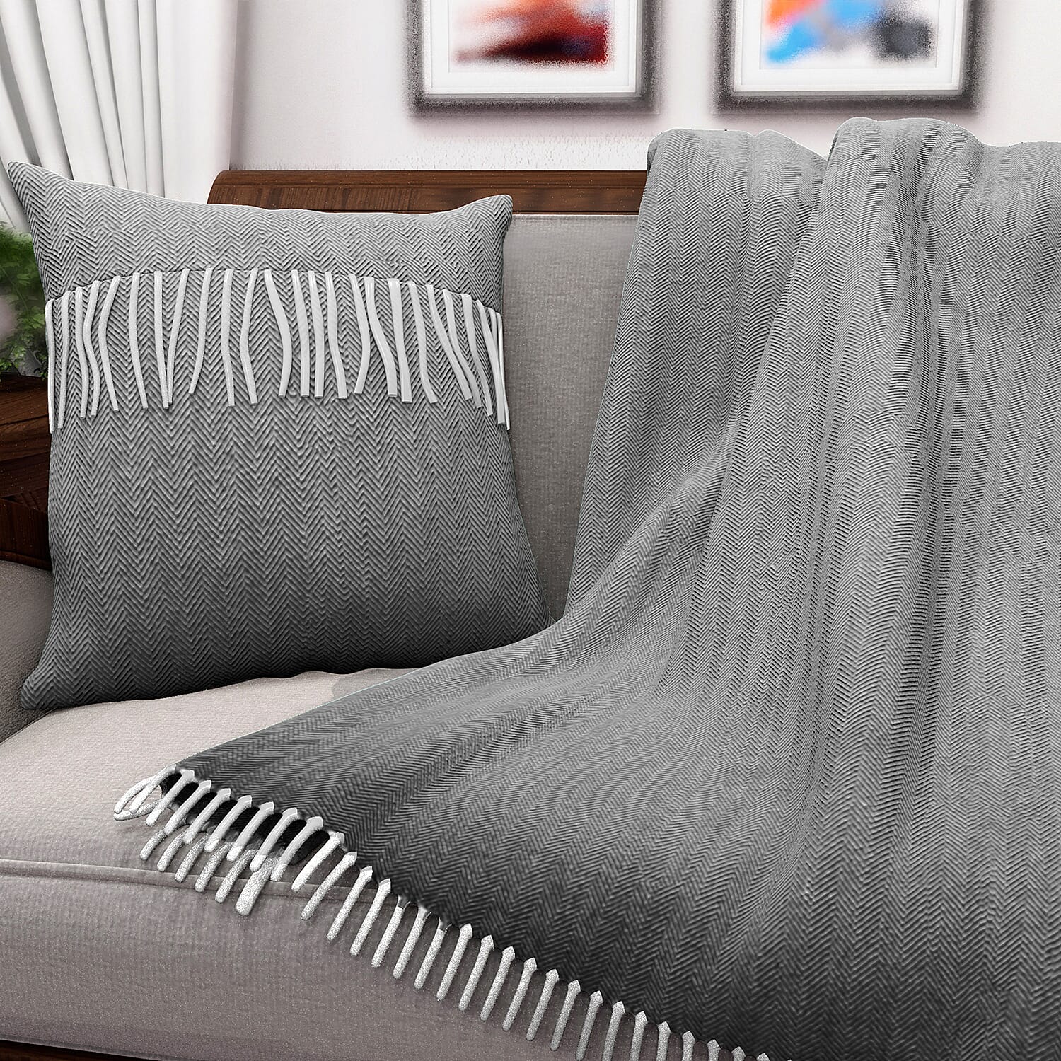 New Arrival- 2 Piece Set - Herringbone Pattern Wool Throw Blanket with Fringe (Size 135x170cm) and Cushion Cover with Zipper Closure and Flap Over (43x43cm) - Grey