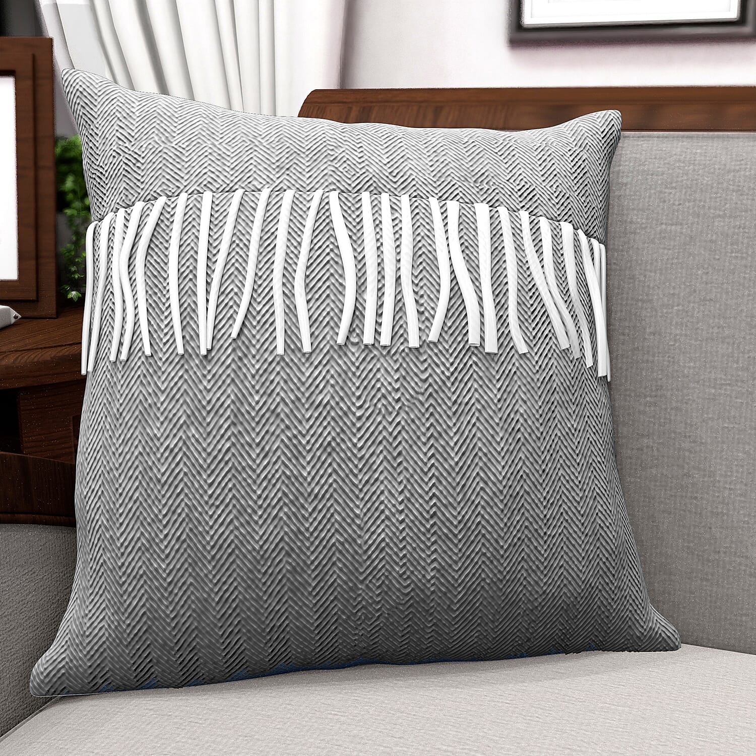 New Arrival- 2 Piece Set - Herringbone Pattern Wool Throw Blanket with Fringe (Size 135x170cm) and Cushion Cover with Zipper Closure and Flap Over (43x43cm) - Grey