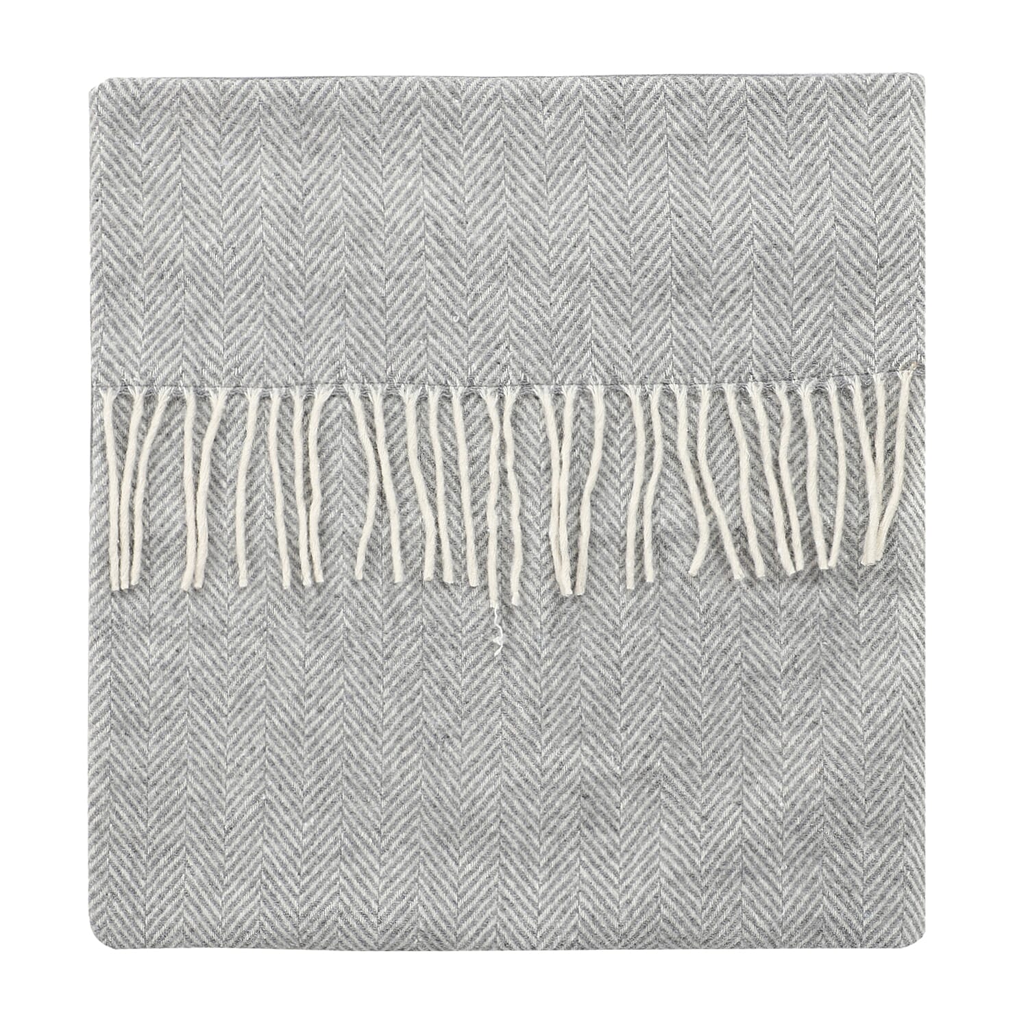 New Arrival- 2 Piece Set - Herringbone Pattern Wool Throw Blanket with Fringe (Size 135x170cm) and Cushion Cover with Zipper Closure and Flap Over (43x43cm) - Grey