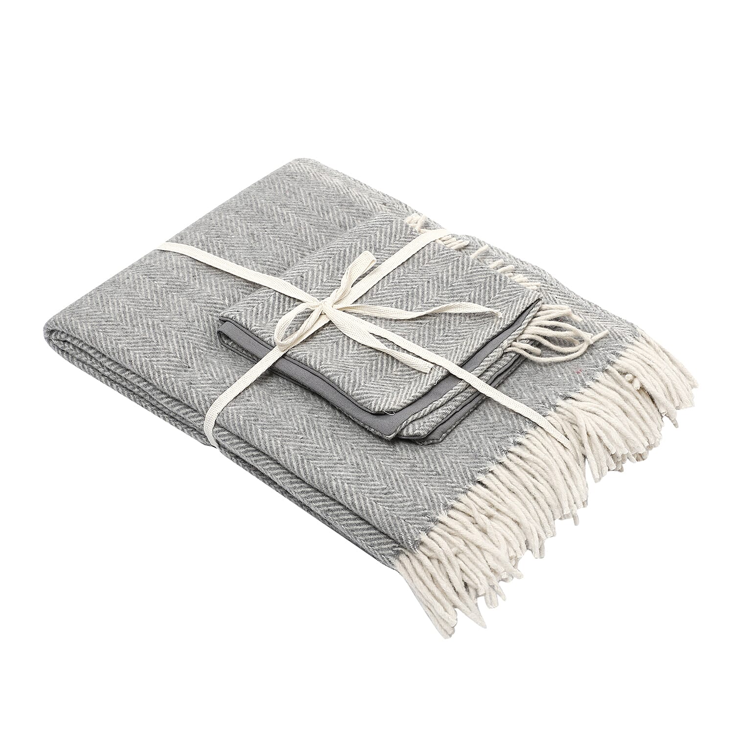 New Arrival- 2 Piece Set - Herringbone Pattern Wool Throw Blanket with Fringe (Size 135x170cm) and Cushion Cover with Zipper Closure and Flap Over (43x43cm) - Grey