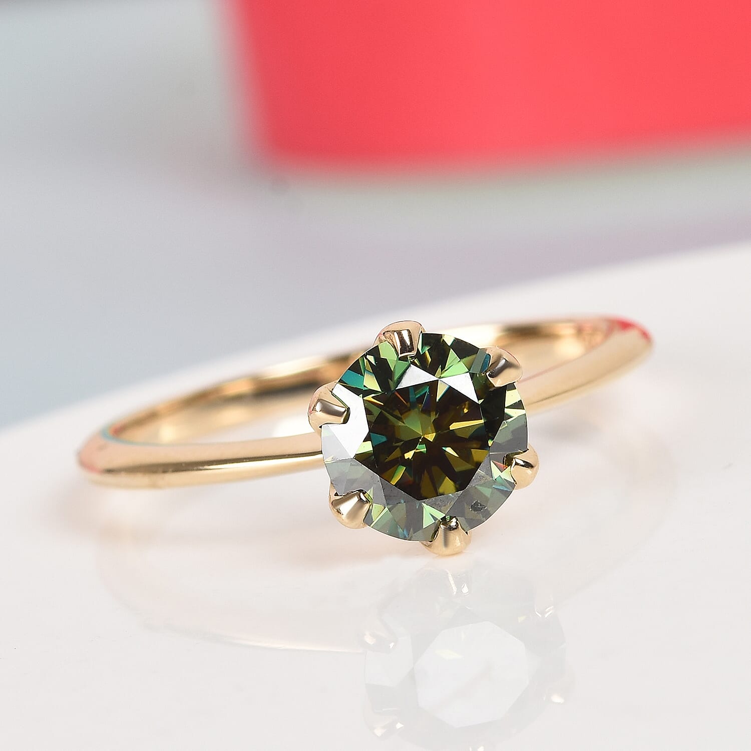Collectors Edition- 9K Yellow Gold AA Green Moissanite Solitaire Ring.