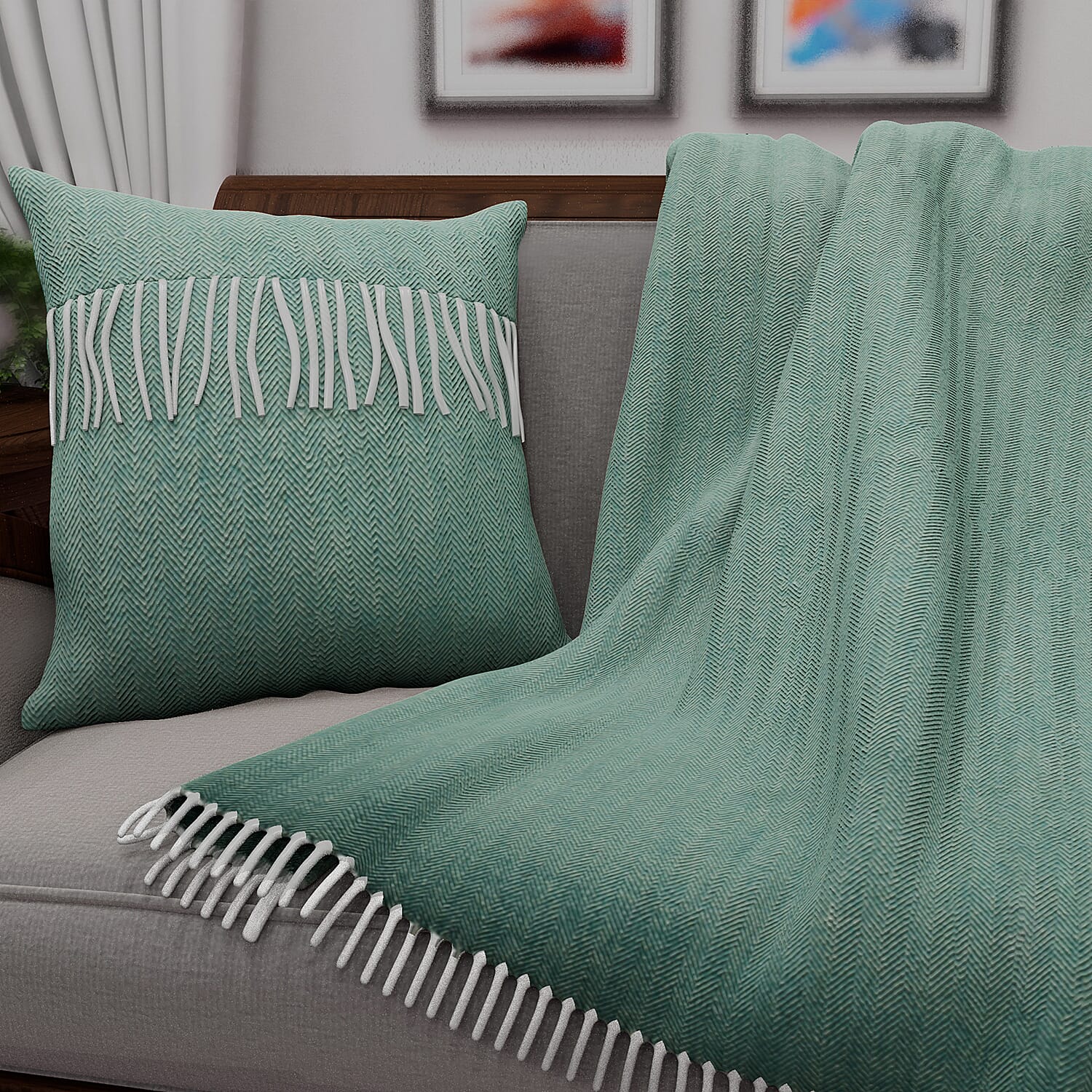 New Arrival- 2 Piece Set - Herringbone Pattern Wool Throw Blanket with Fringe (Size 135x170cm) and Cushion Cover with Zipper Closure and Flap Over (43x43cm) - Green