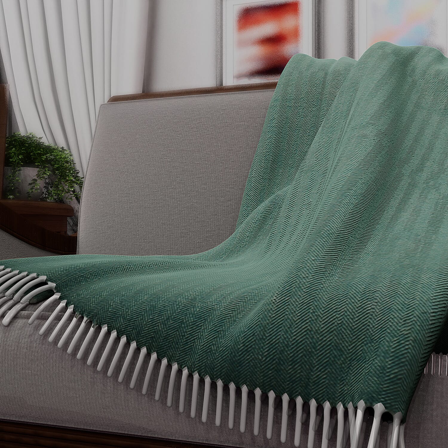 New Arrival- 2 Piece Set - Herringbone Pattern Wool Throw Blanket with Fringe (Size 135x170cm) and Cushion Cover with Zipper Closure and Flap Over (43x43cm) - Green