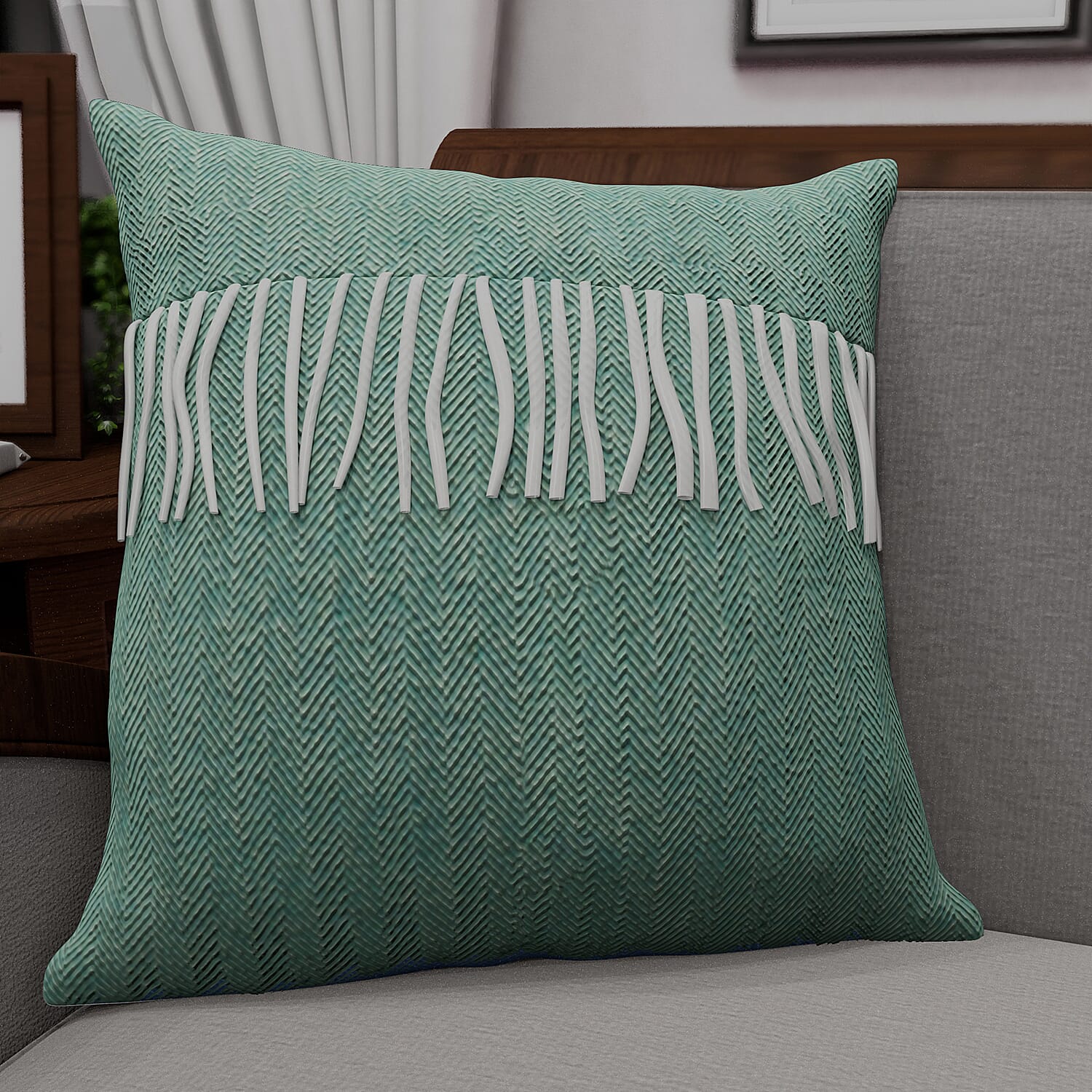 New Arrival- 2 Piece Set - Herringbone Pattern Wool Throw Blanket with Fringe (Size 135x170cm) and Cushion Cover with Zipper Closure and Flap Over (43x43cm) - Green